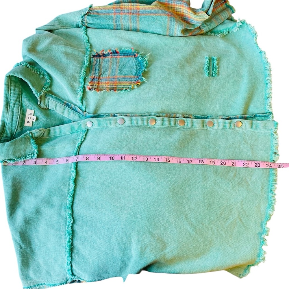 POL Shacket Women’s Medium Teal Denim Plaid Patchwork Distressed Oversized - Picture 13 of 13